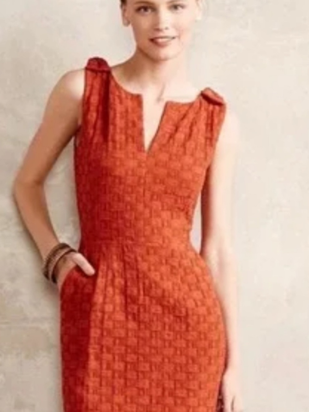 Anthropologie Tabitha Tema Basket Weave Textured Terracotta Dress Size 8 Bow - Picture 7 of 16